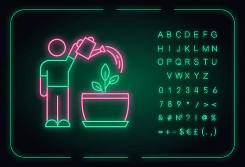 Watering sapling neon light icon. Moisturizing, rehydrating potting soil Stock Illustration