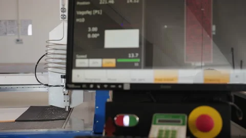 Waterjet cutting machine working on plastic foam sheet  - camera slide Stock-Footage 158312425