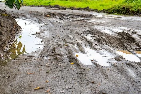 Waterlogged sandy path at a park with the multiple vehicle's tracks Stock Photos