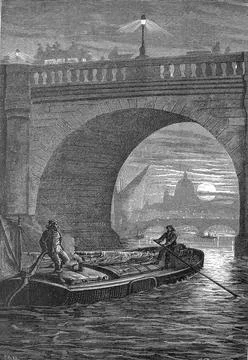 Waterloo Bridge over the Thames in the evening light small barge on the river c Ilustração Stock