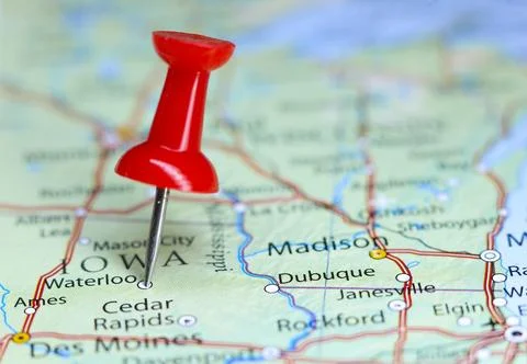 Waterloo, Iowa pin on map Stock Photos