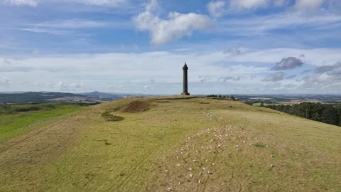 Waterloo Monument over Scottish fields from a drone, Jedburgh, Scotland Stock-Footage 318726738