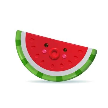 Watermelon 3d render object. Half piece of watermelon with pits and kawaii face イラスト素材