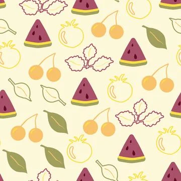 Watermelon and cherries seamless pattern doodle style Stock Illustration