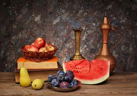 Watermelon and fruit on the table Foto stock