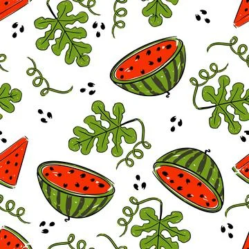 Watermelon and green leaf pattern, fresh vibrant hand drawn seamless design Stock Illustration