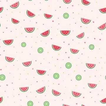 Watermelon and lime seamless pattern with juicy fruit slices, tiny hearts and Stock Illustration
