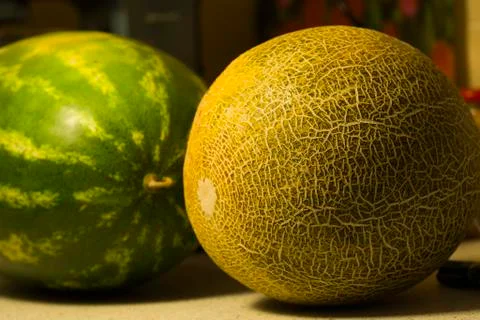 Watermelon and melon on table. Stock Photos