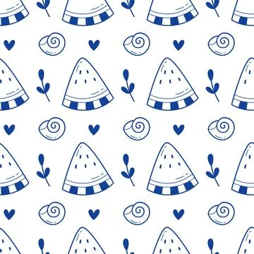 Watermelon and shell seamless pattern blue line art doodle summer beach Ilustração Stock
