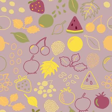 Watermelon, cherries, olives seamless pattern in doodle style Stock Illustration