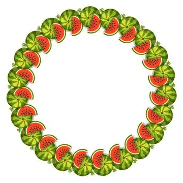 Watermelon Circular Frame with Whole and Sliced Fruits Vector Border Illustrazione stock