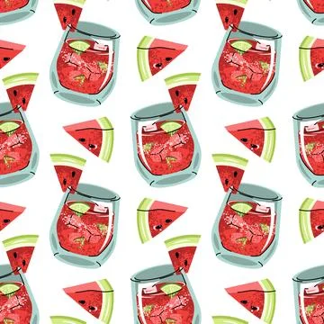 Watermelon cocktail flat seamless pattern. Background with Summer drink wit.. Illustrazione stock