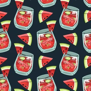 Watermelon cocktail flat seamless pattern. Background with Summer drink wit.. Illustrazione stock