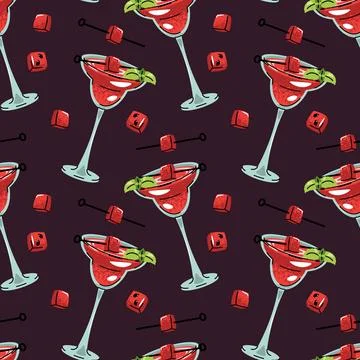 Watermelon cocktail seamless pattern. Background with drink and fresh slice.. 库存插图