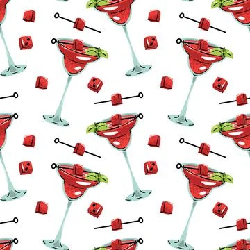 Watermelon cocktail seamless pattern. Background with drink and fresh slice.. Stock Illustration