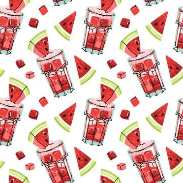 Watermelon Cocktail Seamless Pattern with Ice Cubes and Fruit Pieces in Fla.. Stock Illustration