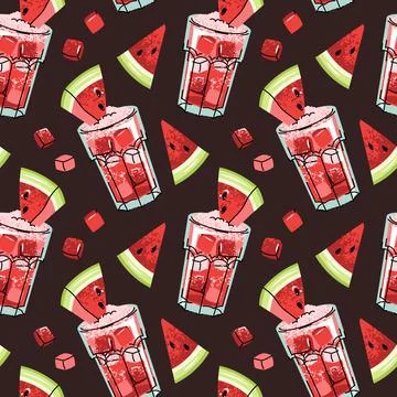 Watermelon Cocktail Seamless Pattern with Ice Cubes and Fruit Pieces in Fla.. Stock Illustration