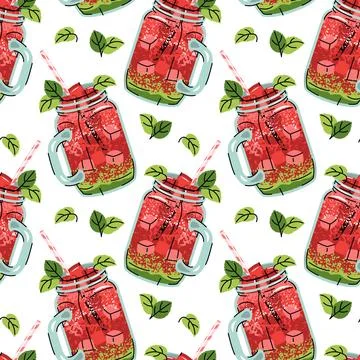 Watermelon Cocktail Seamless Pattern in Jar Glass with Ice Cubes and Mint L.. Illustrazione stock