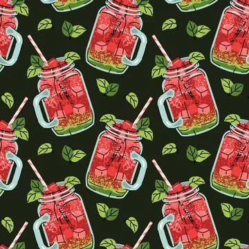 Watermelon Cocktail Seamless Pattern in Jar Glass with Ice Cubes and Mint L.. 스톡 일러스트