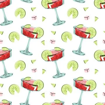 Watermelon Cocktail Seamless Pattern with Lime Slice and Crushed Ice in Fla.. 库存插图