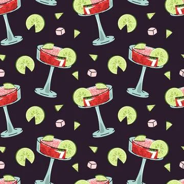Watermelon Cocktail Seamless Pattern with Lime Slice and Crushed Ice in Fla.. Stock Illustration