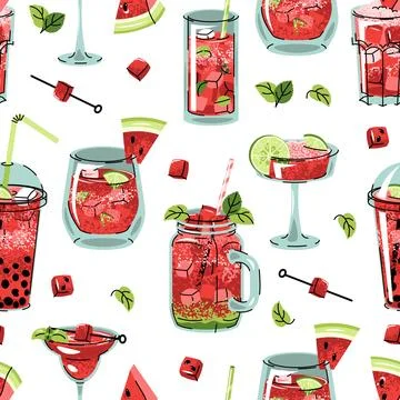Watermelon cocktails seamless pattern. Flat summer drinks with ice cubes, m.. Illustrazione stock