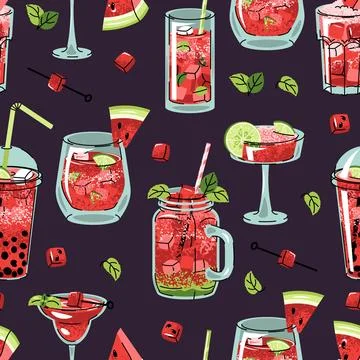 Watermelon cocktails seamless pattern. Flat summer drinks with ice cubes, m.. Illustrazione stock