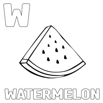 Watermelon coloring page. Coloring and learning to recognize the letter w Stock Illustration