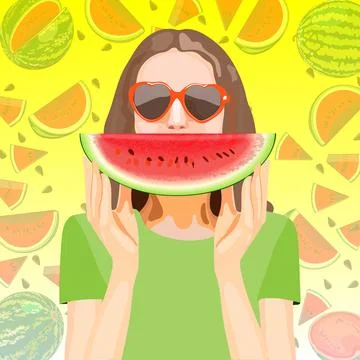 Watermelon day. Girl with slice of watermelon for banners, flyers, posters Stock Illustration