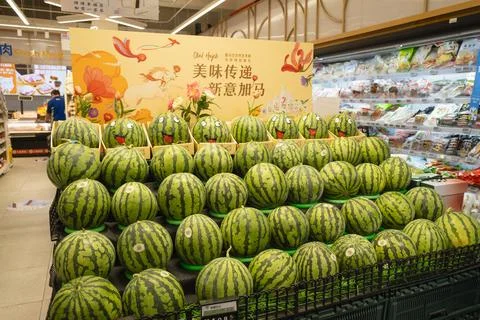 Watermelon display with painted faces and promotional banner in modern chin.. Stock Photos