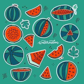 Watermelon doodle hand drawn stickers set in bright color style. Isolated sunny Stock Illustration