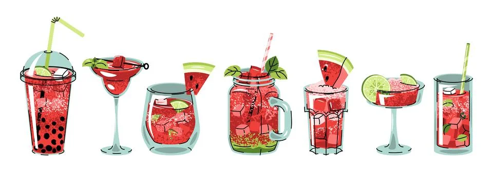 Watermelon Drinks icon Set in Various Glasses with Ice, Mint Leaves Fruit Pie Stock Illustration