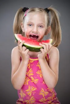Watermelon eating without teeth.. Stock Photos