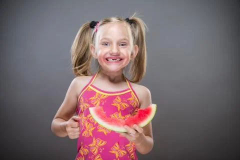 Watermelon eating without teeth.. Stock Photos