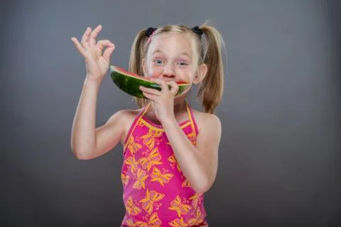 Watermelon eating without teeth.. Stock Photos