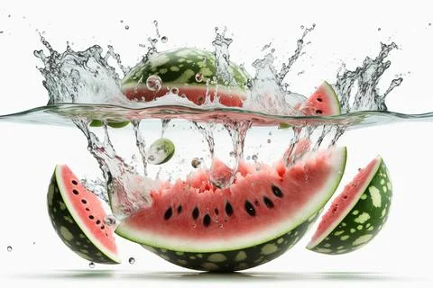 Watermelon falling into deep clear water Stock Photos