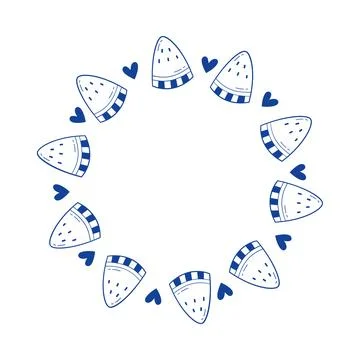 Watermelon frame vector blue line art doodle round fruit wreath for summer Ilustração Stock