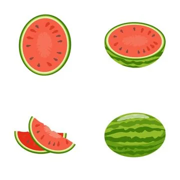 Watermelon fruit icon set showing whole and sliced pieces Stock Illustration