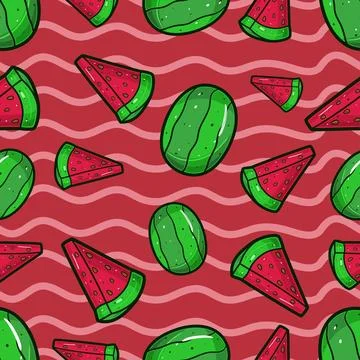Watermelon Fruit Seamless Pattern in Cartoon Style. Perfect For Background,.. Stock Illustration