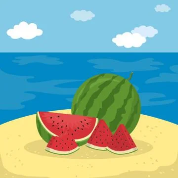 Watermelon Fruit Slice on the Beach Background Stock Illustration