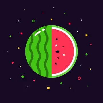 Watermelon fruit sphere with half slice logo, flat icon design template concept Stock Illustration
