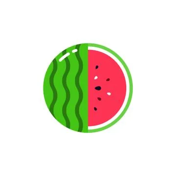 Watermelon fruit sphere with half slice logo, flat icon design template concept Stock Illustration