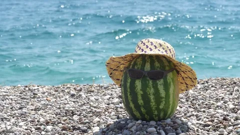 Watermelon fruit in sunglasses and hat on beach. Stock Footage 80380148