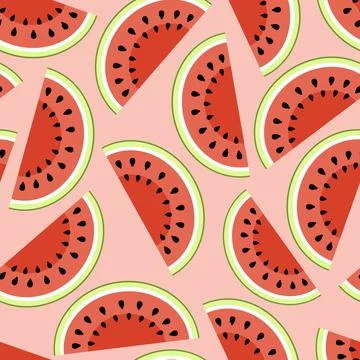 Watermelon half pieces seamless pattern. Cut watermelon, piece, half on pink Stock Illustration