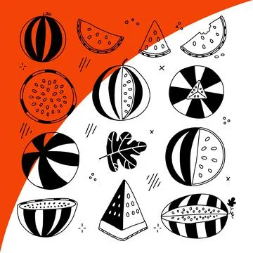 Watermelon half, slice, stripes set. Black line fruits illustration collection Stock Illustration