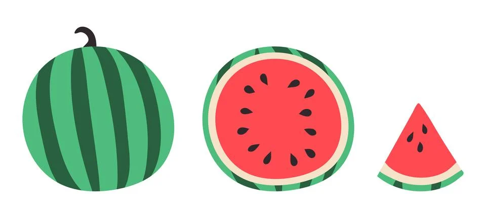 Watermelon, half, triangular piece. Set of summer red striped fruit with seeds Stock Illustration