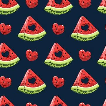 Watermelon Heart Seamless Pattern. Flat Design with Juicy Slice and Cut-Out Illustrazione stock