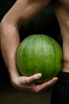Watermelon held in mans arm Stock Photos