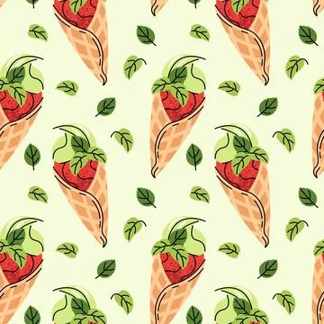 Watermelon ice cream seamless pattern. Flat waffle cone with sorbet and min.. Stock Illustration