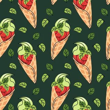 Watermelon ice cream seamless pattern. Flat waffle cone with sorbet and min.. Stock Illustration
